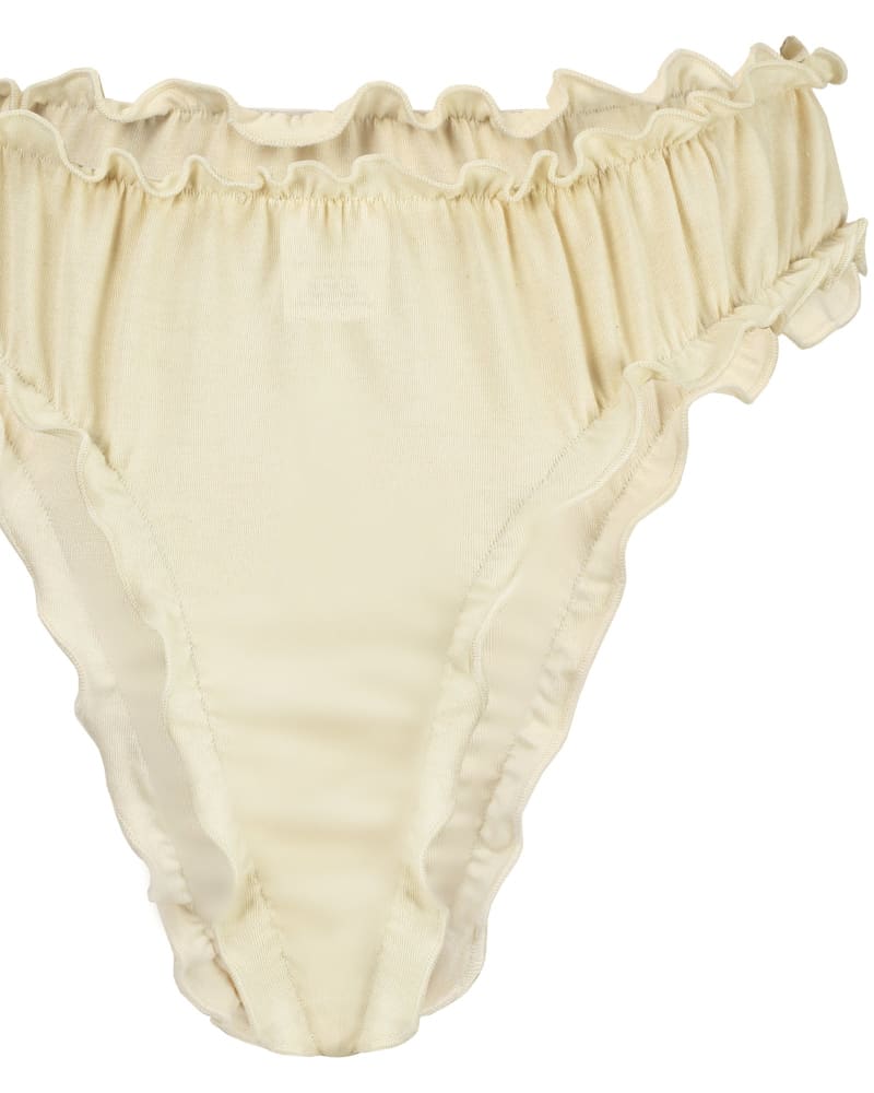 Front of a size L/XL Brenna Ruffle Cheeky in Buttercream by Cherri. | dia_product_style_image_id:242148